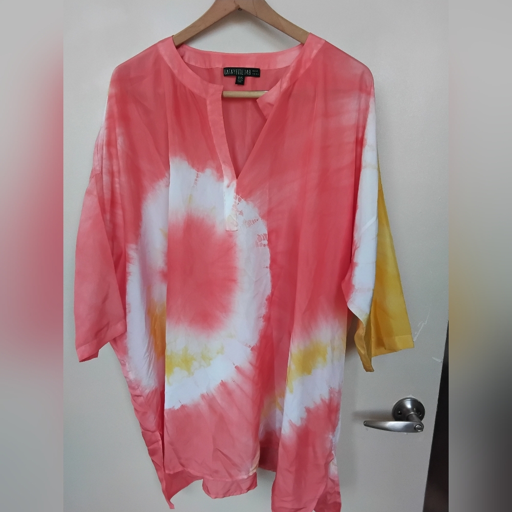 Lafayette 148 New York Coral, White & Yellow Tie-Dye Tunic